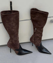 Brown Boots Stiletto Suede Handmade Splicing Pointed Toe