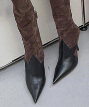 Brown Boots Stiletto Suede Handmade Splicing Pointed Toe