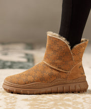 Brown Boots Thick Warm Fleece Cowhide Leather Elegant Ankle Boots