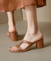 Brown Chunky Heel Cowhide Leather 2024 Hollow Out Slide Sandals