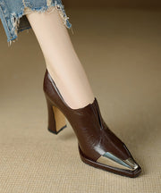 Brown Chunky High Heels Sheepskin Classy Splicing Pointed Toe