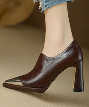 Brown Chunky High Heels Sheepskin Classy Splicing Pointed Toe