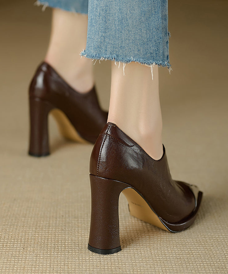 Brown Chunky High Heels Sheepskin Classy Splicing Pointed Toe