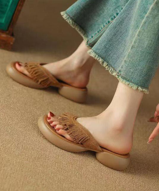 Brown Chunky Suede Boutique Tassel Splicing Slide Sandals