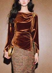 Brown Cinched Side Open Silk Velour T Shirt Spring