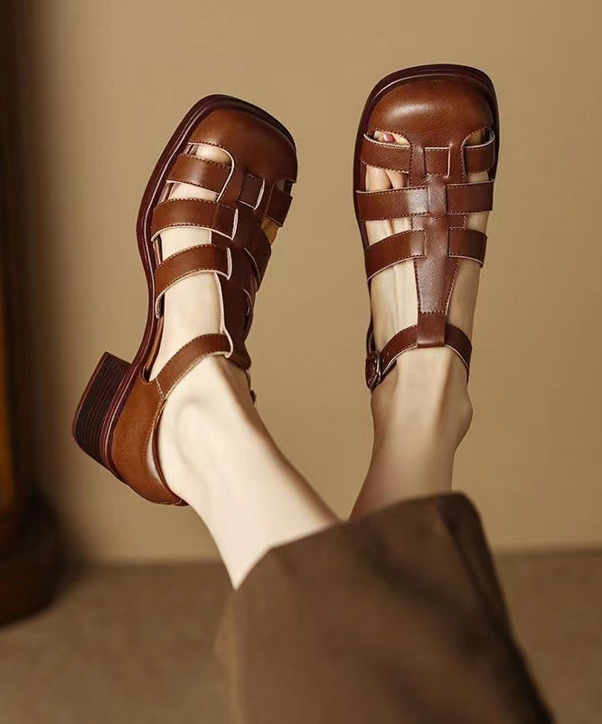 Brown Classy Splicing Chunky Heel Hollow Out Sandals