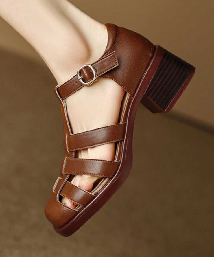 Brown Classy Splicing Chunky Heel Hollow Out Sandals