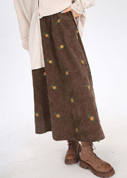 Brown Corduroy A Line Skirt Embroidered Spring