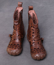 Brown Cowhide Leather Boots Hollow Out Lace Up Splicing