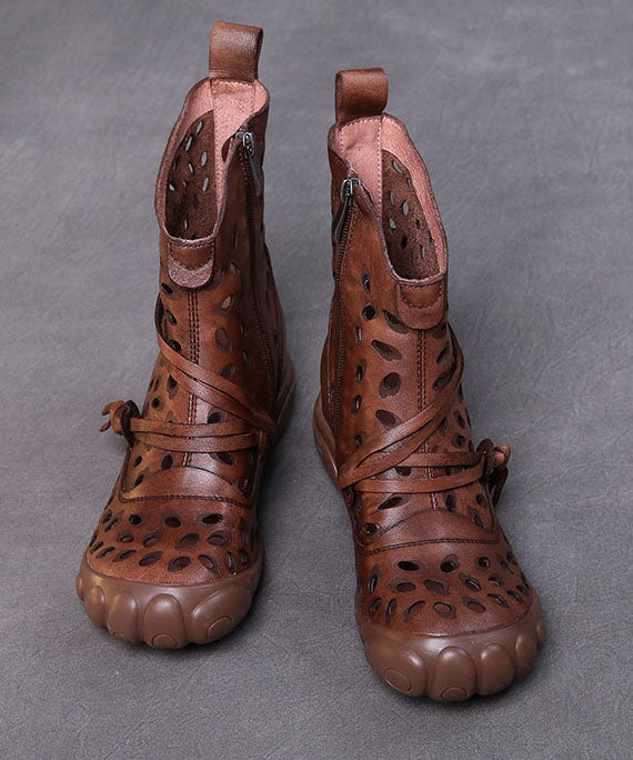 Brown Cowhide Leather Boots Hollow Out Lace Up Splicing