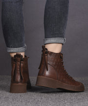 Brown Cowhide Leather Embossed Women Splicing Lace Up Boots