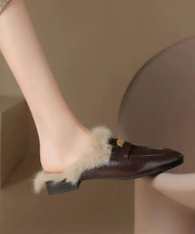 Brown Cowhide Leather Fuzzy Wool Lined Splicing Loafers Slippers