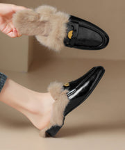 Brown Cowhide Leather Fuzzy Wool Lined Splicing Loafers Slippers