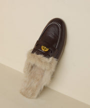 Brown Cowhide Leather Fuzzy Wool Lined Splicing Loafers Slippers