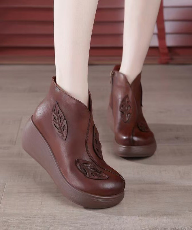 Brown Cowhide Leather Handmade Wedge Ankle Boots