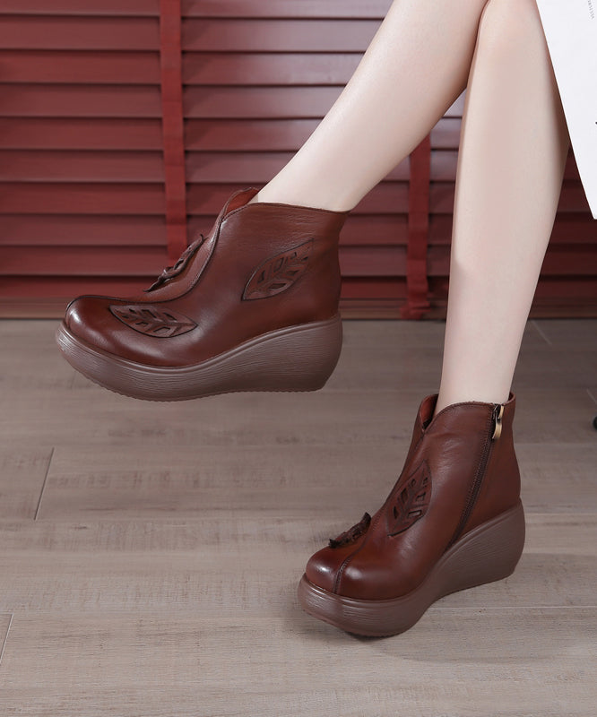 Brown Cowhide Leather Handmade Wedge Ankle Boots