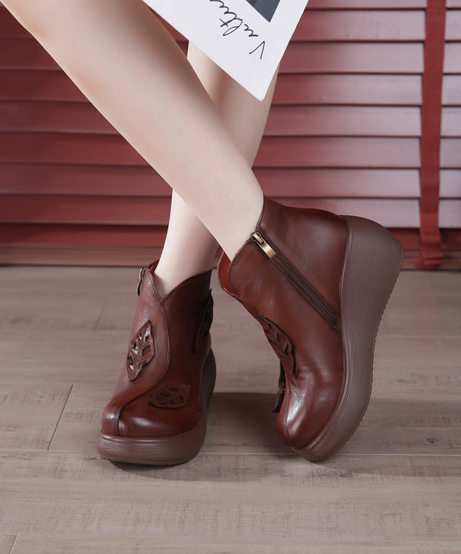 Brown Cowhide Leather Handmade Wedge Ankle Boots