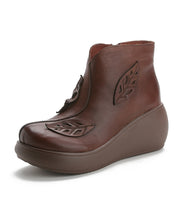 Brown Cowhide Leather Handmade Wedge Ankle Boots