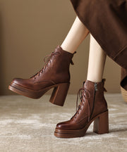 Brown Cowhide Leather Lace Up Splicing Chunky Heel Boots