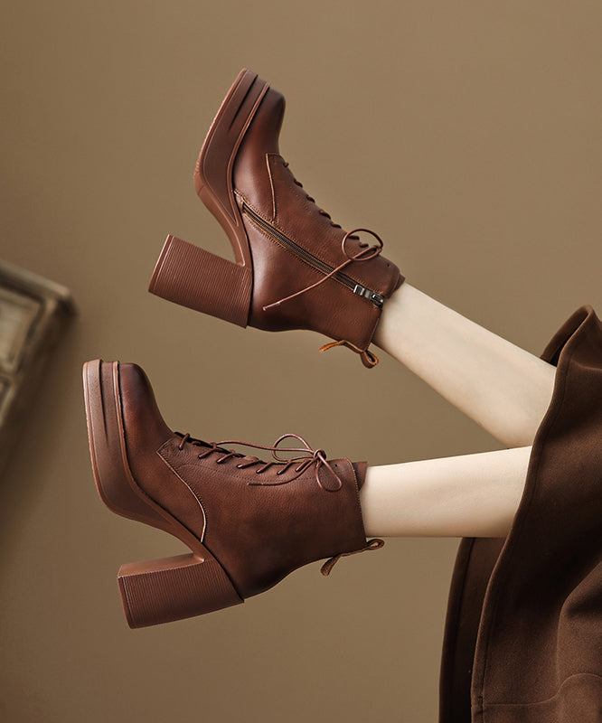 Brown Cowhide Leather Lace Up Splicing Chunky Heel Boots