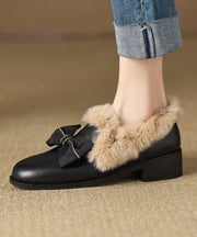 Brown Cowhide Leather Loafers Women Splicing Fuzzy Wool Lined