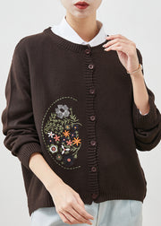 Brown Cozy Knit Cardigan Embroidered Spring