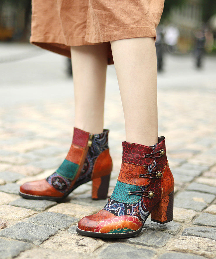 Brown Embossed Splicing Vintage Chunky Heel Boots