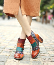 Brown Embossed Splicing Vintage Chunky Heel Boots