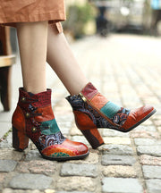 Brown Embossed Splicing Vintage Chunky Heel Boots