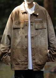 Brown Embroideried Button Denim Men Coat Peter Pan Collar Spring