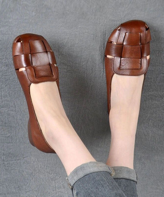 Brown Flat Feet Shoes Cowhide Leather Stylish Splicing Flat Shoes For Women