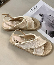 Brown Flat Sandals Knit Fabric Comfy Splicing Peep Toe Buckle Strap