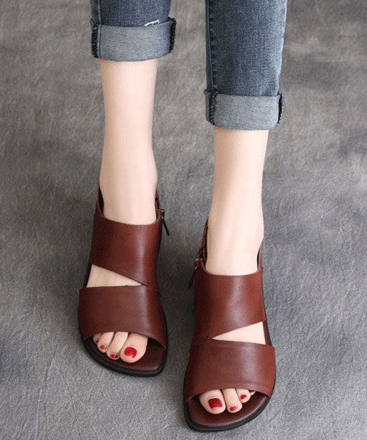 Brown Flat Sandals Peep Toe Zippered Splicing Cowhide Leather