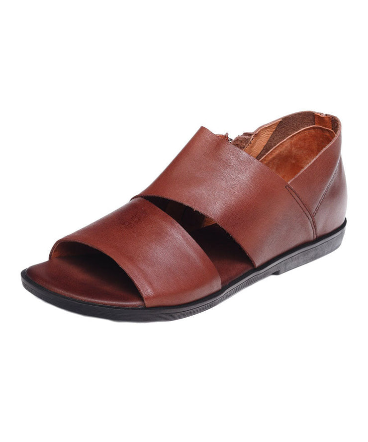 Brown Flat Sandals Peep Toe Zippered Splicing Cowhide Leather