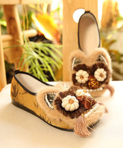 Brown Flat Shoes Cotton Fabric New Tassel Embroidery