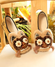 Brown Flat Shoes Cotton Fabric New Tassel Embroidery