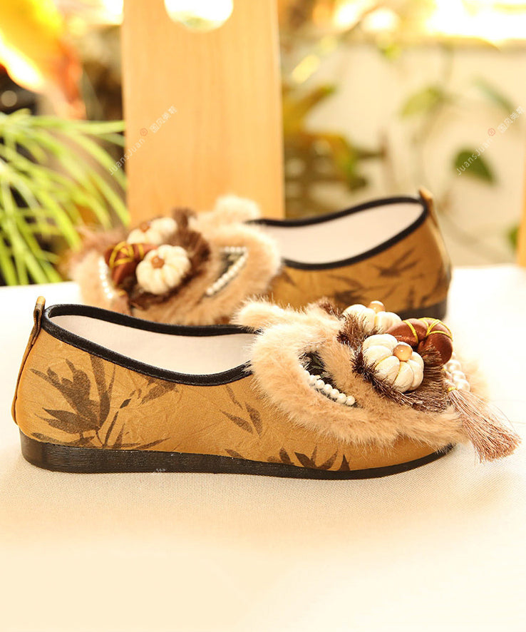 Brown Flat Shoes Cotton Fabric New Tassel Embroidery