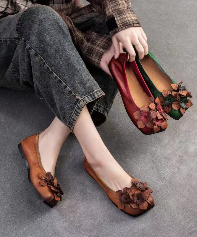 Brown Flat Shoes Cowhide Leather Retro Splicing Floral
