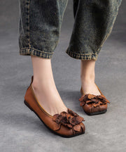 Brown Flat Shoes Cowhide Leather Retro Splicing Floral