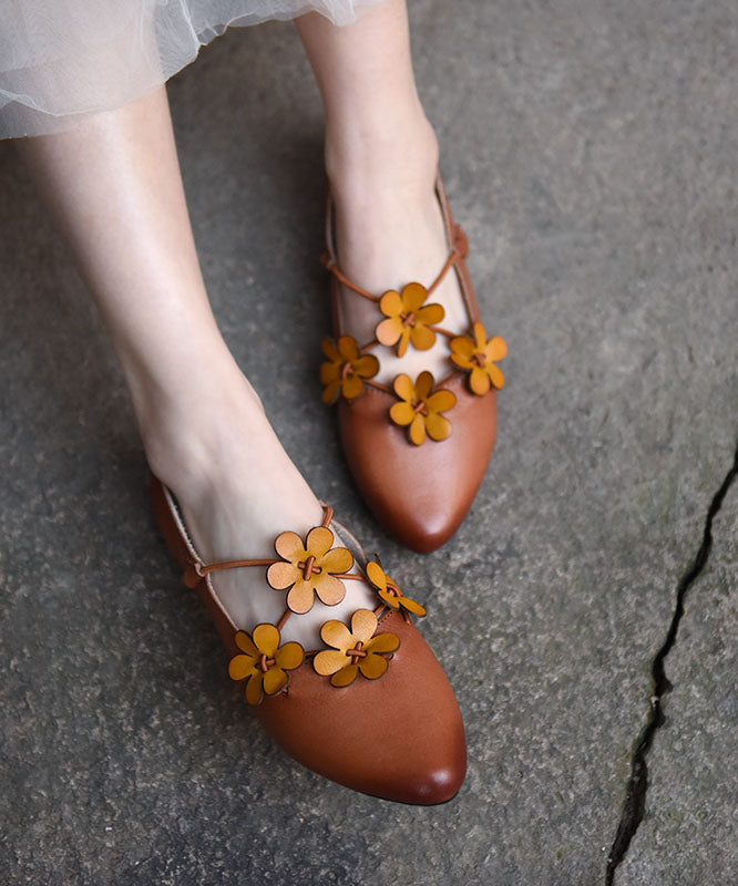 Brown Flat Shoes For Women Cowhide Leather Splicing Floral Pointed Toe