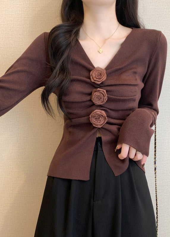 Brown Floral Knit Pullover Side Open Spring