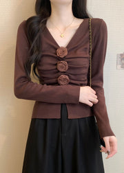 Brown Floral Knit Pullover Side Open Spring