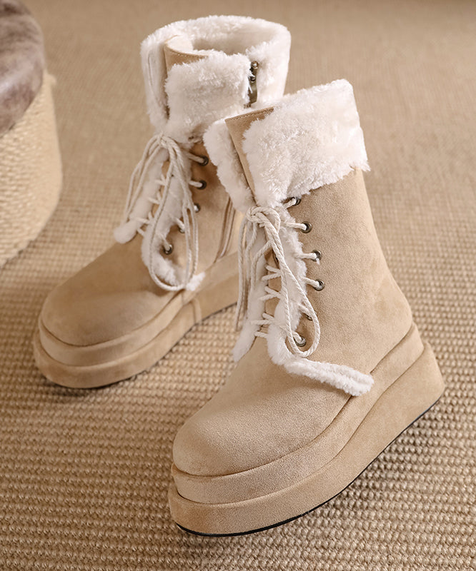 Brown Fuzzy Wool Lined Cross Strap Splicing Platform Boots