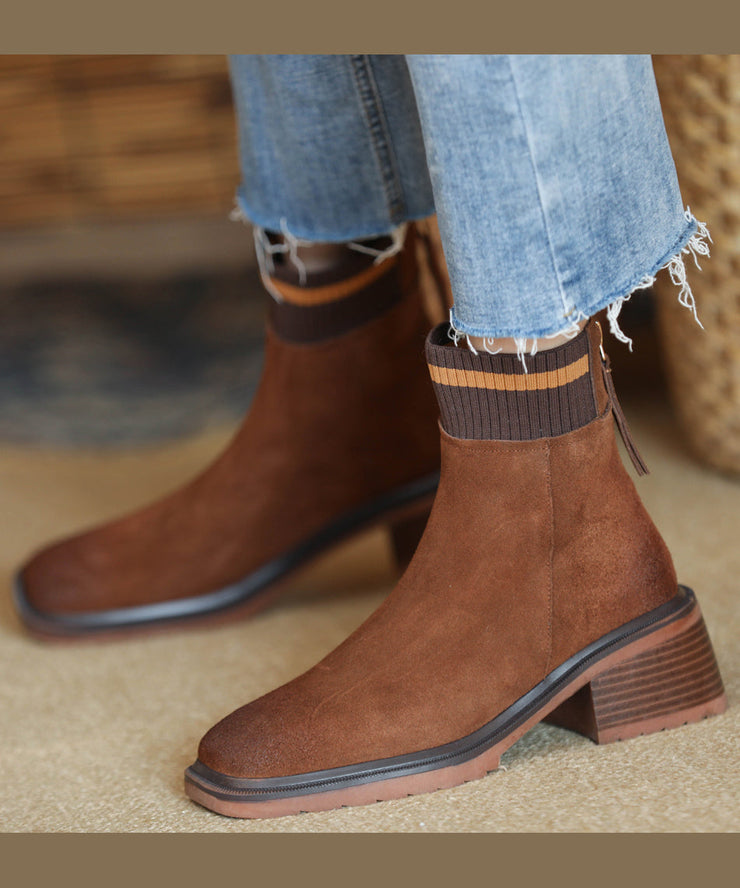 Brown Fuzzy Wool Lined Splicing Zippered Chunky Boots