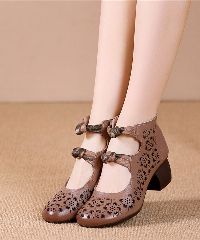 Brown High Heels Chunky Cowhide Leather Vintage Hollow Out High Heels