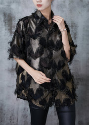 Brown Hollow Out Chiffon Blouse Tops Tasseled Summer