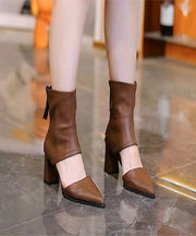 Brown Hollow Out Splicing Chunky Heel Boots Pointed Toe