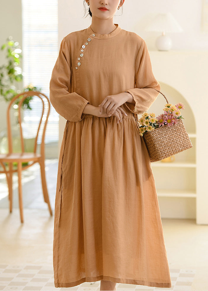 Brown Lace Up Patchwork Linen Long Dress Button Long Sleeve