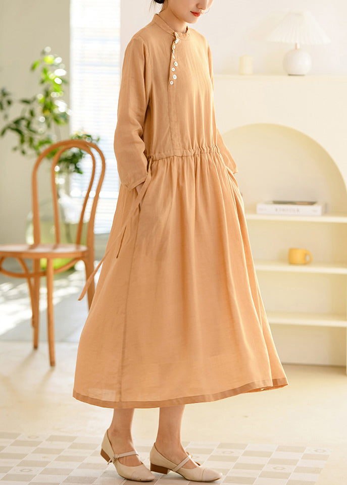 Brown Lace Up Patchwork Linen Long Dress Button Long Sleeve