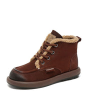 Brown Lace Up Splicing Cowhide Leather Boots Fuzzy Wool Lined